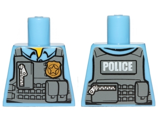 Torso Police Shirt with Dark Bluish Gray Vest, Gold Badge, Zipper and White 'POLICE' Pattern on Back