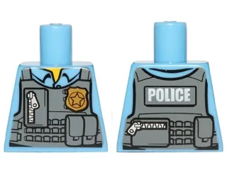 Torso Police Shirt with Dark Bluish Gray Vest, Gold Badge, Zipper and White 'POLICE' Pattern on Back