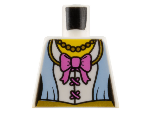 Torso Female Corset Top with Bright Light Blue Panels and Gold Trim, Dark Pink Bow and Laces, Bead Necklace, Yellow Neck Pattern