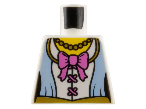 Torso Female Corset Top with Bright Light Blue Panels and Gold Trim, Dark Pink Bow and Laces, Bead Necklace, Yellow Neck Pattern