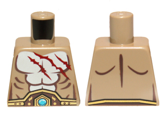 Torso Bare Chest with Muscles Outline, Dark Red Scars, Brown and Gold Belt with Dark Azure Round Jewel (Chi) Pattern