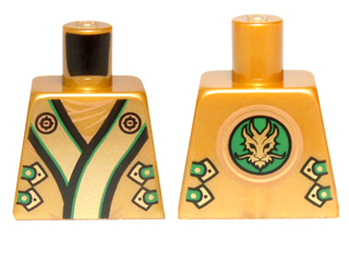 Torso Ninjago Robe with Black, Green, and Gold Trim, Straps, Clasps, Dragon Head in Circle on Back Pattern