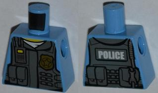 Torso Police Shirt with Dark Bluish Gray Vest, Gold Badge, Radio, White Undershirt and White 'POLICE' Pattern on Back