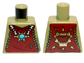 Torso Dark Red Vest with Star Shaped Necklace with Blue Round Jewel (Chi), Back with Gold Crocodile Jaws Pattern