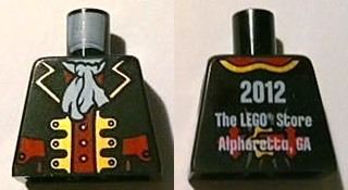Torso Pirate Captain Jacket Open with Gold Trim and Red Pockets over Red Shirt, White Ascot, 2012 The LEGO Store Alpharetta, GA Back Pattern