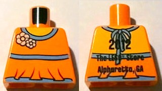 Torso Halter Top with Medium Blue Trim and Flowers, Yellow Neck, '2012 The LEGO Store Alpharetta, GA' on Back Pattern