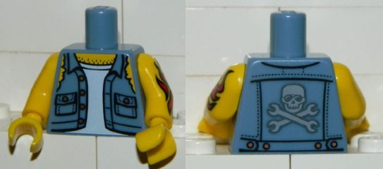 Torso Shirt Torn Off Sleeves, Buttons on Pockets, Jolly Roger Back Pattern / Yellow Arm Left with Red Flames Tattoo Pattern / Yellow Arm Right / Yellow Hands