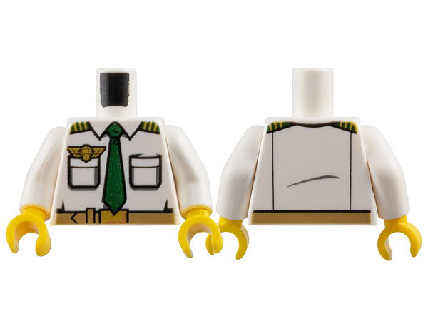 Torso Airplane Pilot, Shirt with Dark Green Tie, Belt, Epaulettes and Gold Logo Pin Pattern / White Arms / Yellow Hands