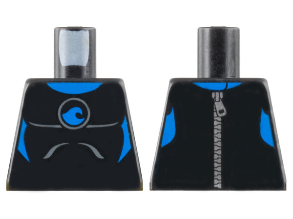 Torso Wetsuit with Blue Collar, Panels, and Wave Logo, Silver Zipper on Back Pattern