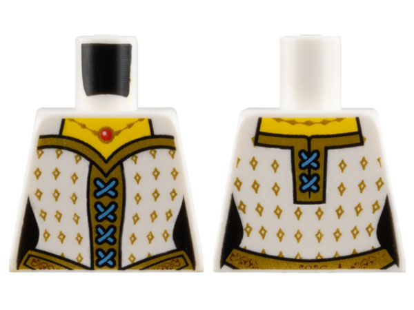 Torso Castle Female Corset with Gold Diamonds, Blue Laces, Gold Belt and Necklace with Red Round Jewel Pattern