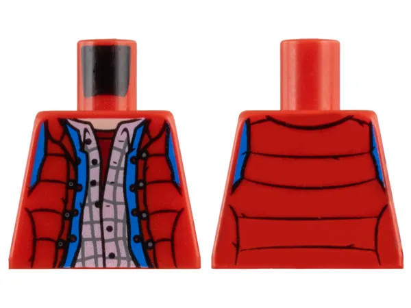 Torso Puffy Vest Open with Buttons over Blue Jacket, White Plaid Shirt, and Dark Red Undershirt, Light Nougat Neck Pattern