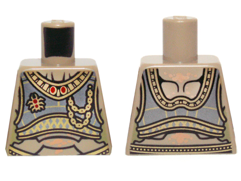 Torso Dark Silver Chest Armor with Gold Trim, Chains, Insect Pin and Elaborate Neckline with Red Jewels over Exoskeleton Segments with Nougat Spots Pattern