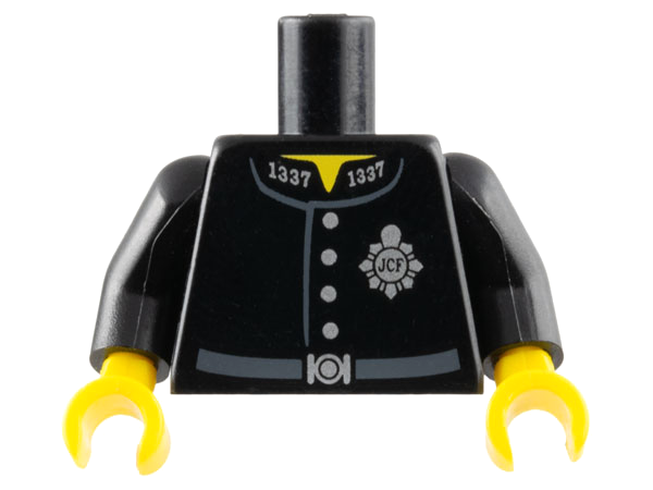 Torso Police Uniform Jacket with Silver '1337' on Collar, Badge with 'JCF', and Buttons, Dark Bluish Gray Belt with Buckle, Yellow Neck Pattern / Black Arms / Yellow Hands