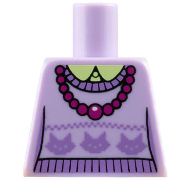 Torso Knit Sweater with Medium Lavender Cat Heads over Yellowish Green Shirt with Collar, Necklace with Magenta Beads Pattern