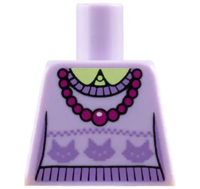 Torso Knit Sweater with Medium Lavender Cat Heads over Yellowish Green Shirt with Collar, Necklace with Magenta Beads Pattern