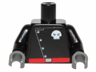 Torso Space Skull Logo with Diagonal Buttons and Red Belt Pattern (Sticker) / Black Arms / Dark Bluish Gray Hands