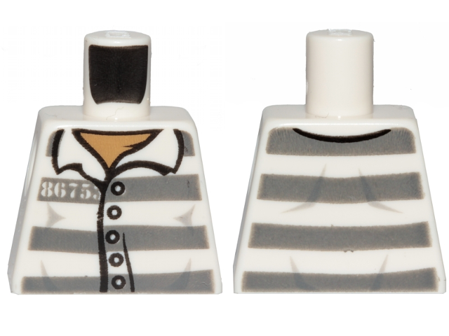 Torso Town Prisoner Number 86753, Dark Bluish Gray Stripes, Buttons, Dark Tan Undershirt Pattern