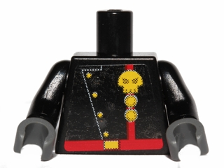 Torso Space Skull Logo and Two Circles on Red Stripe with Diagonal Buttons and Red Belt Pattern (Sticker) / Black Arms / Dark Bluish Gray Hands