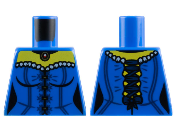 Torso Female Corset with White Trim and Dark Blue Lines, Straps, and Bow, Pendant Necklace, Yellow Neck Pattern