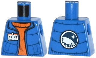 Torso Down Vest with ID Badge over Orange Sweater, Arctic Explorer Logo on Reverse Pattern