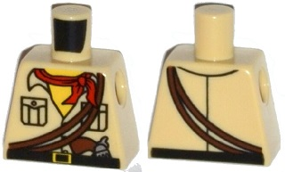 Torso Shirt with Buttons and Pockets, Black Belt with Yellow Buckle, Reddish Brown Pistol and Ropes, Red Bandana, Yellow Neck and Back Print Pattern