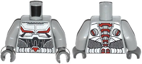 Torso Armor with Black and Red Lines on Chest and Silver Belt with Red Buckle Pattern / Light Bluish Gray Arms / Dark Bluish Gray Hands