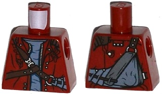 Torso Open Zipper Jacket over Gray Shirt with Silver Rivets and Leather Straps, Sling Bag on Back Pattern