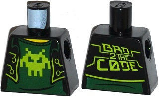 Torso Short Jacket Open with Lime Trim over Dark Green Shirt with Pixelated Alien, Yellow Neck, Stylized 'BAD 2 THE CODE' on Back Pattern