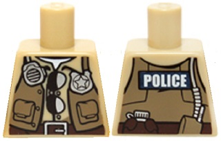 Torso Police Shirt Dark Tan Vest with Pockets, Radio, Badge, Sunglasses, Brown Belt and 'POLICE' Pattern on Back