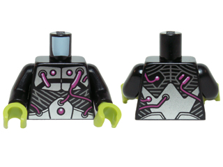 Torso Armor with Silver Metal Plates and Dark Pink Electrical Wires and Buttons Pattern / Black Arms / Lime Hands