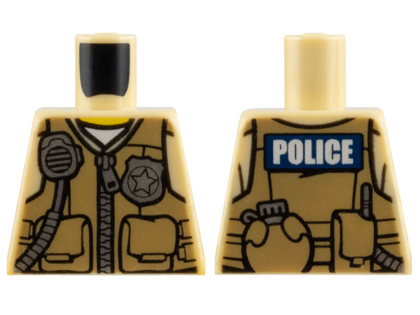 Torso Police Shirt with Dark Tan Vest with Pockets, Silver Radio and Badge, Zipper and 'POLICE' Pattern on Back