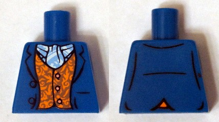 Torso LotR Jacket Open over Orange Vest with Copper Buttons, Bright Light Blue and White Ascot Pattern
