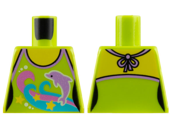 Torso Female Halter Top with Stars, Dark Pink and Medium Azure Waves, Medium Lavender Dolphin, and White Dots, Yellow Neck and Shoulders Pattern