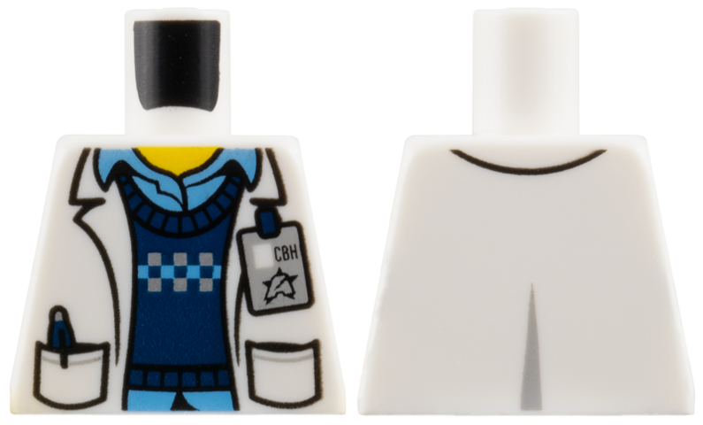 Torso Lab Coat with Pockets over Dark Blue Sweater and Medium Blue Shirt, ID Badge with Ultra Agents Logo Pattern (Christina Hydron)