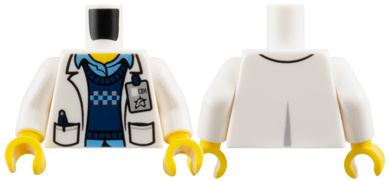Torso Lab Coat with Pockets over Dark Blue Sweater and Medium Blue Shirt, ID Badge with Ultra Agents Logo Pattern (Christina Hydron) / White Arms / Yellow Hands
