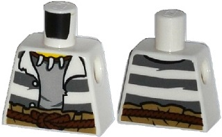 Torso Town Prisoner Jacket Open with Buttons and Dark Bluish Gray Stripes over Light Bluish Gray Shirt, Reddish Brown Rope Belt, Animal Tooth / Claw Necklace, Yellow Neck Pattern