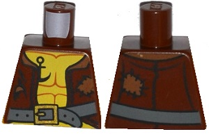 Torso Pirate Vest Open with Medium Nougat Patches, Dark Bluish Gray Belt with Gold Buckle, Dark Orange Muscles Outline, Black Anchor Tattoo Pattern