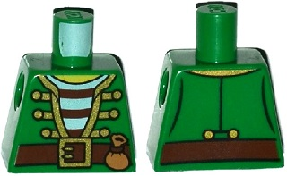 Torso Pirate Jacket Open with Gold Trim over Shirt with Red and White Horizontal Stripes, Reddish Brown Belt with Buckle, Medium Nougat Pouch, Yellow Neck Pattern