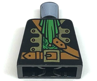 Torso Pirate Captain Jacket Open with Gold Trim over Green Shirt with Narrow Neck Ruffle, Dark Orange Strap, Belt with Buckle Pattern