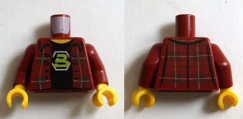 Torso Plaid Flannel Shirt with Buttons over Black T Shirt with Blacktron 2 Logo Pattern / Dark Red Arms / Yellow Hands