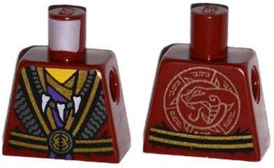 Torso Robe with Black and Gold Belt and Trim over Dark Purple Shirt, White Animal Tooth / Claw Necklace, Yellow Neck, Copper Snake Head Emblem on Back Pattern