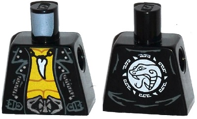 Torso Leather Vest over Bare Chest, Tooth Necklace, Snake Heads Belt Buckle, Snake Head on Reverse Pattern