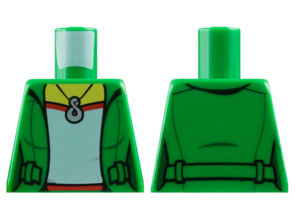 Torso Female Jacket Open over Red and White Shirt with Wrinkle, Silver Infinity Pendant Necklace, Yellow Neck Pattern