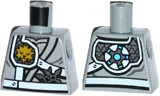 Torso Ninjago Shoulder Protection with White Straps and Gold Lion Emblem over Robes, Shurikens in Belt Pattern