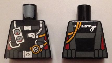 Torso Diving Suit with Dark Bluish Gray Harness, Gauges on Front, Hoses and Zipper on Back, Red Stripes on Sides Pattern