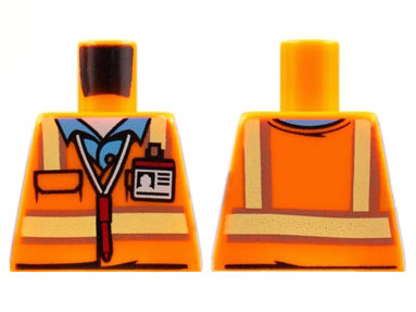 Torso Safety Vest with Reflective Stripes over Medium Blue Shirt, ID Badge, Red Pen Around Neck Pattern