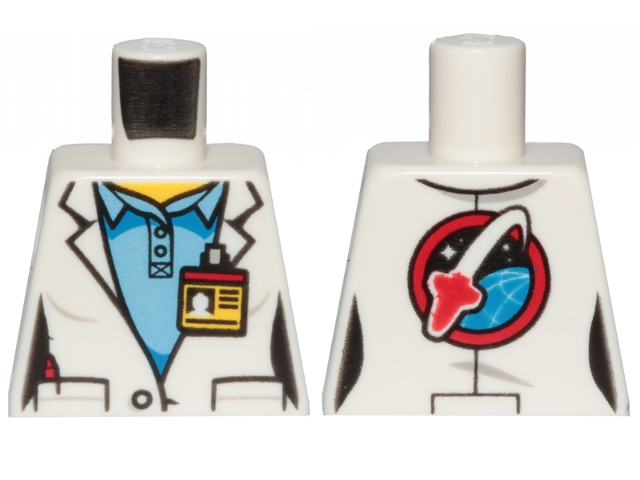 Torso Female Lab Coat over Medium Blue Shirt, ID Badge on Front, Space Shuttle Logo on Back Pattern