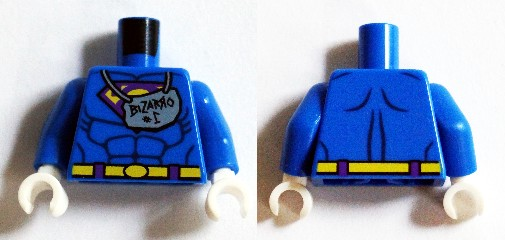 Torso Muscles Outline with Bizarro Symbol and 'Bizarro #1' Sign Hanging from Neck Pattern / Blue Arms / White Hands