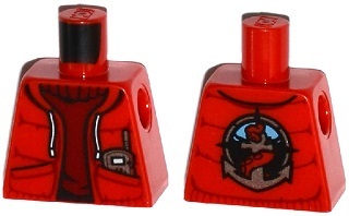 Torso Jacket with Pockets and Radio over Dark Red Sweater, Deep Sea Logo with Anchor and Tentacle on Back Pattern