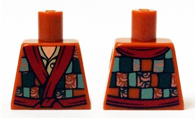 Torso Robe with Dark Green and Sand Green Patchwork with Copper Filigree and Dark Red Trim over Tan Shirt with Button, Light Nougat Neck Pattern